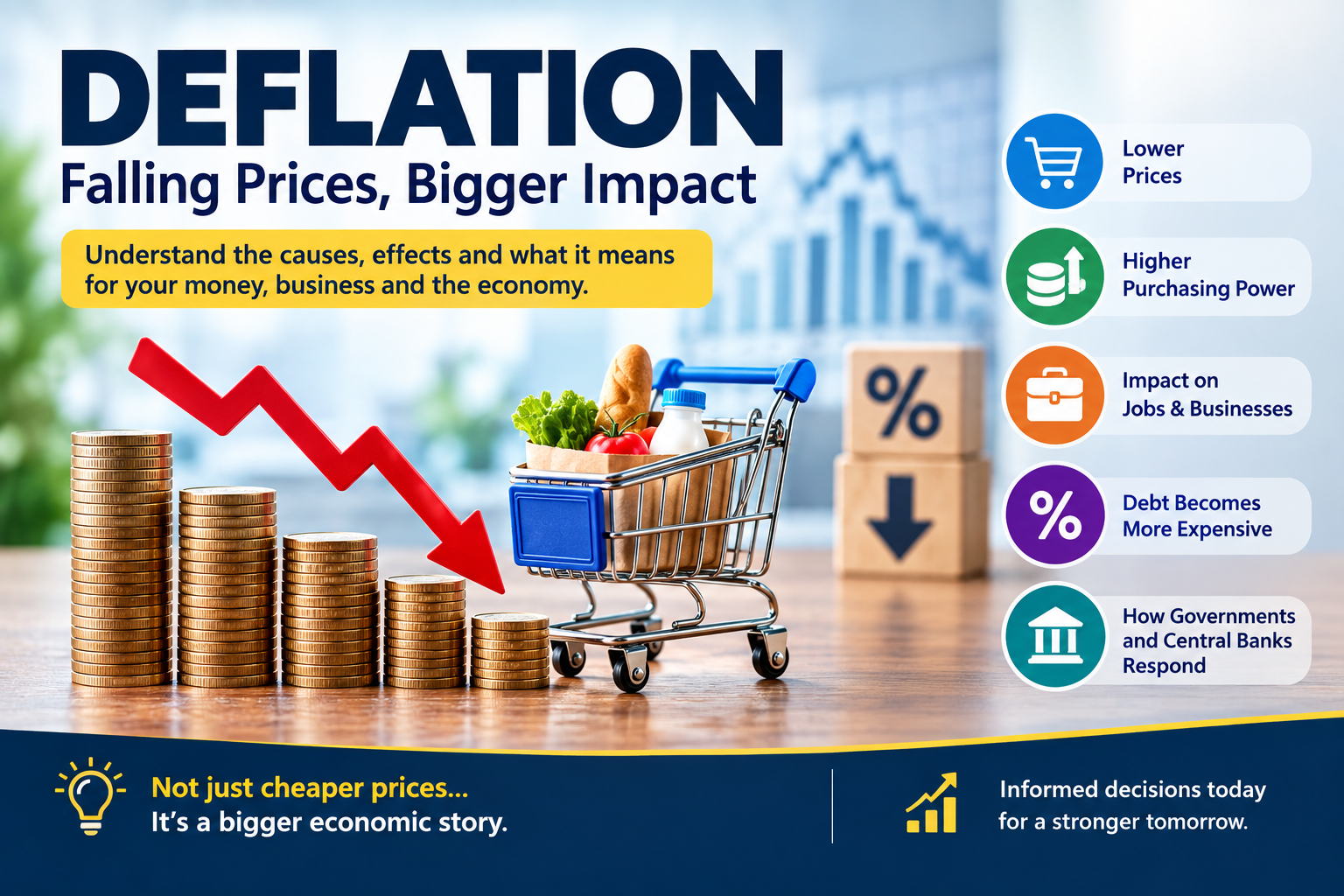“Deflation explained through falling prices, lower purchasing power risks, effects on jobs and businesses, rising real debt burden, and central bank responses.”